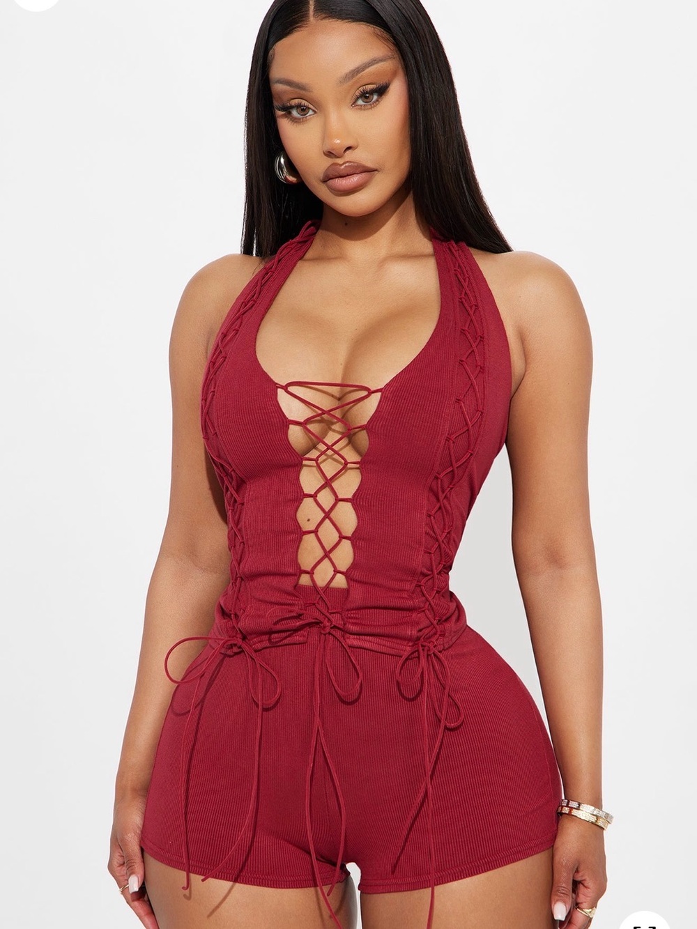 Deep V Lace-Up Ribbed Halter Top and Shorts in Wine